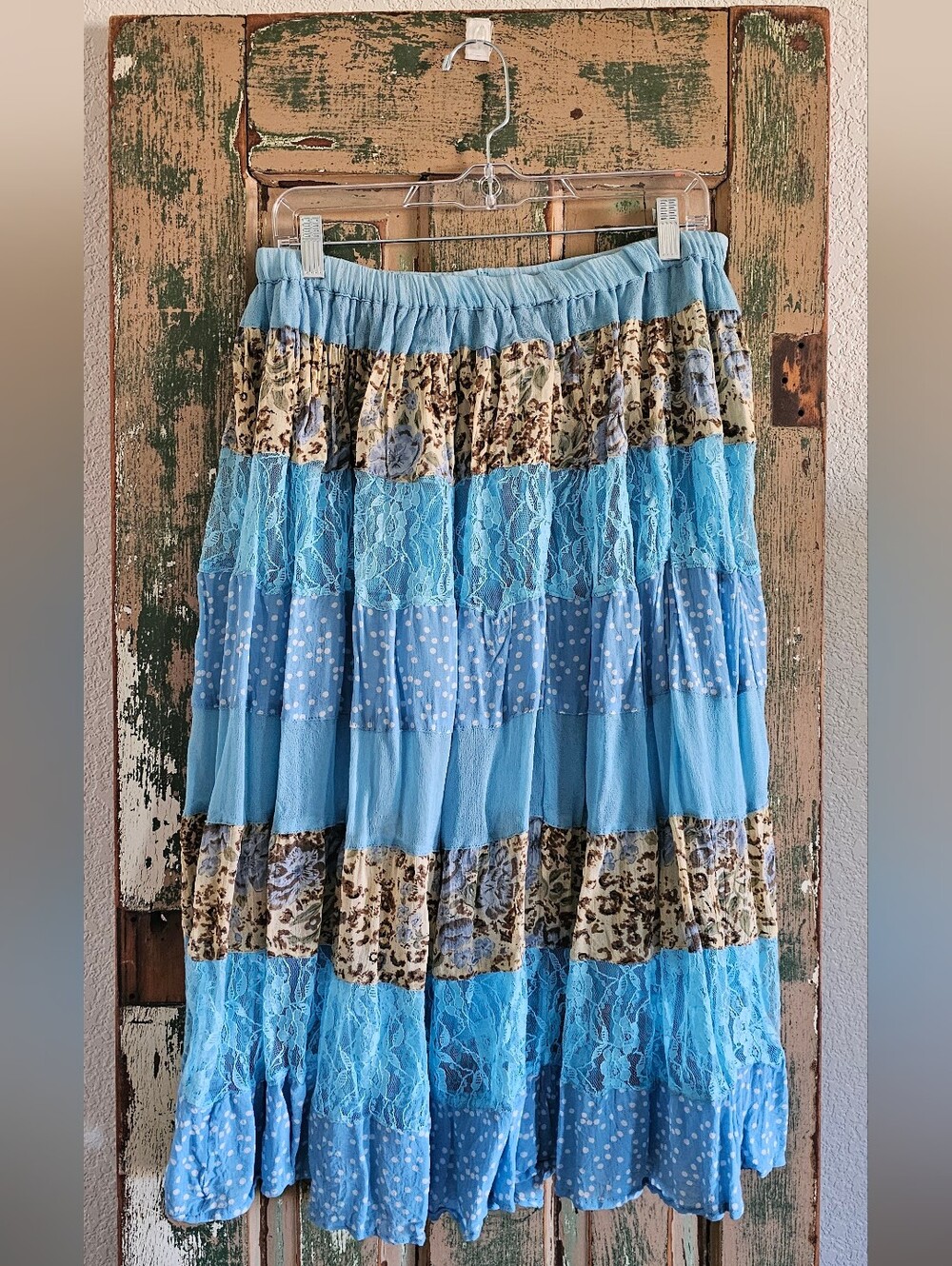 Vintage 90s Light Blue Tiered Lace & Print Midi Skirt Large